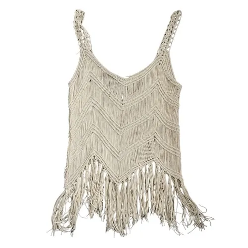 ACTIVE USA Crochet Fringe Tank Top M L Beige Boho Festival Beach Cover Up - Image 3