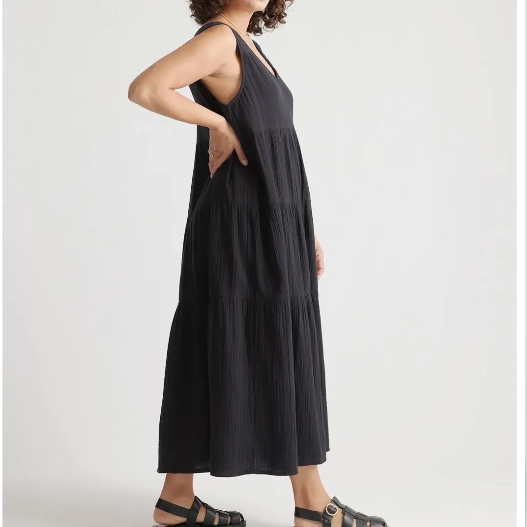 NWT Quince Women's Black 100% Organic Cotton Gauze Tiered Maxi Dress XS - Image 3