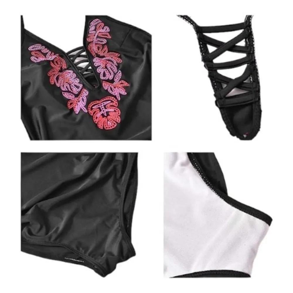 Maternity Swimsuit Halter Black Embroidered Ruched Size Medium NWT #4020 Pink - Image 4