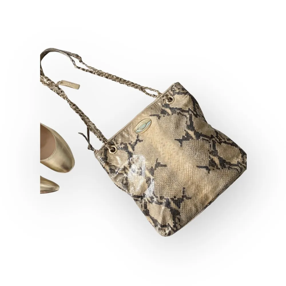 DKNY ᪥ Crossbody Leather Convertible Bag ᪥ Double Chain ᪥ Metallic Python Print - Image 10