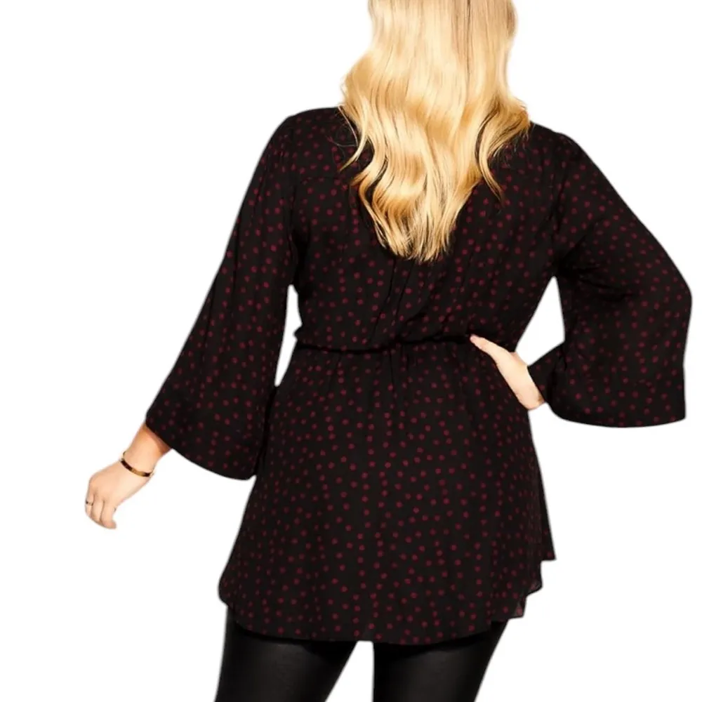 CITY CHIC POLKA DOT BLACK BURGUNDY KIMONO SLEEVE CRISS CROSS TUNIC TOP 18 - Image 2