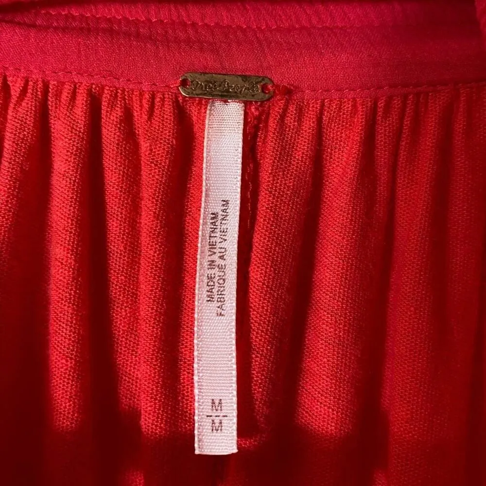 Free People Red Oversized V-Neck Linen\Viscose Blend Top Sz M - Image 3