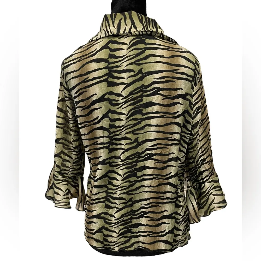 Jaipur Vintage 90s Brown Green Tie Dye Wild Zebra Print Ruffle Bell Sleeve Top Size M - Image 7