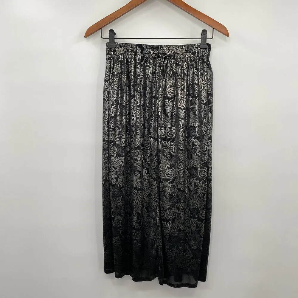 Vintage 80s Metallic Paisley Floral Printed Midi Skirt Black Silver Womens XS - Image 4