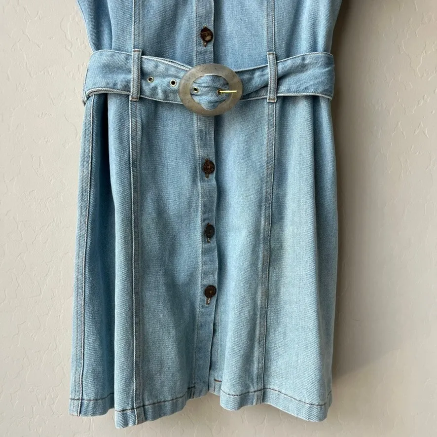 Nanushka Dress Denim Short Sleeve 80s Wash Blue Belted Mini‎ Dress M Size M - Image 6