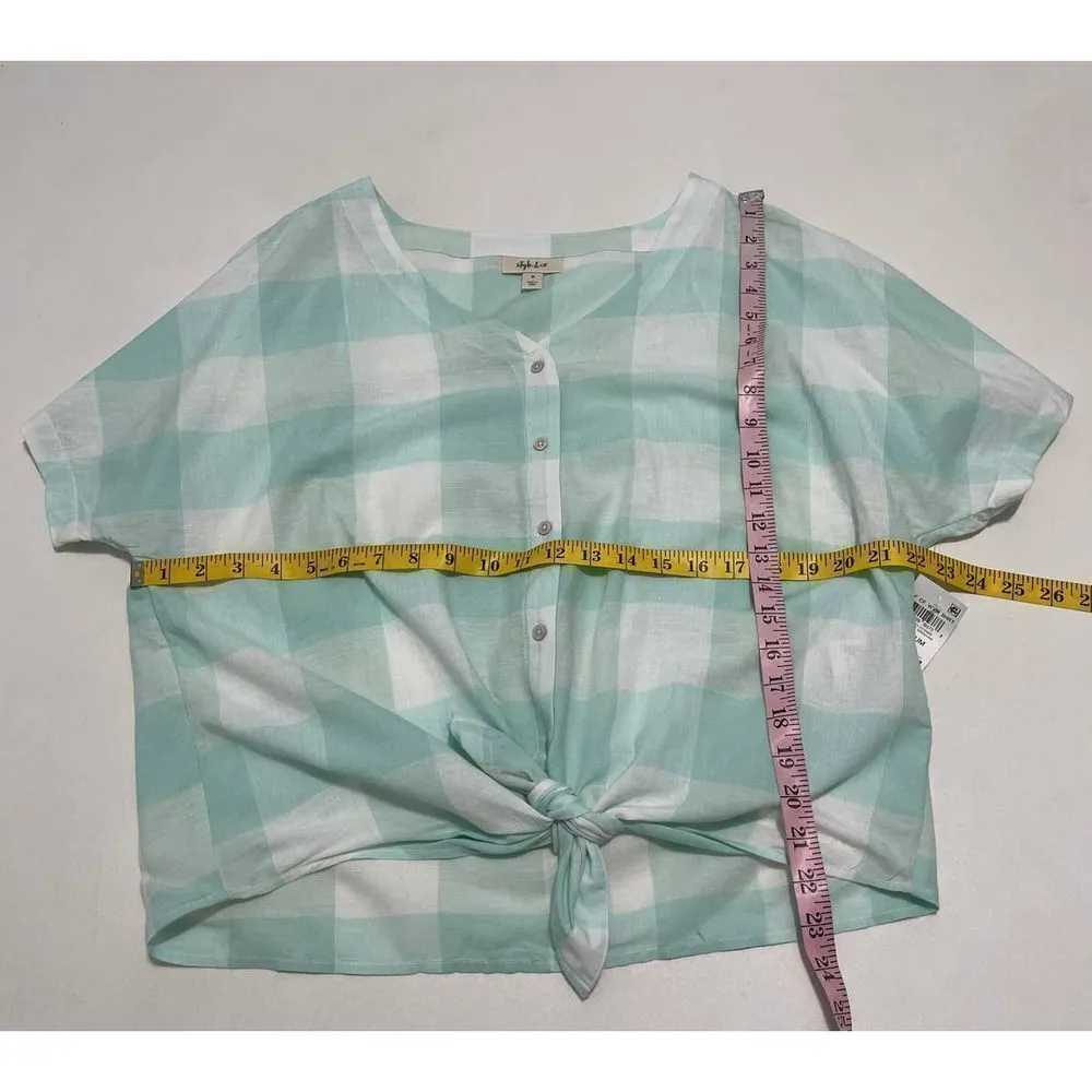 Style & Co. Gingham Tie Front Short Sleeve Button Up Linen Top Mint White Medium Green - Image 5