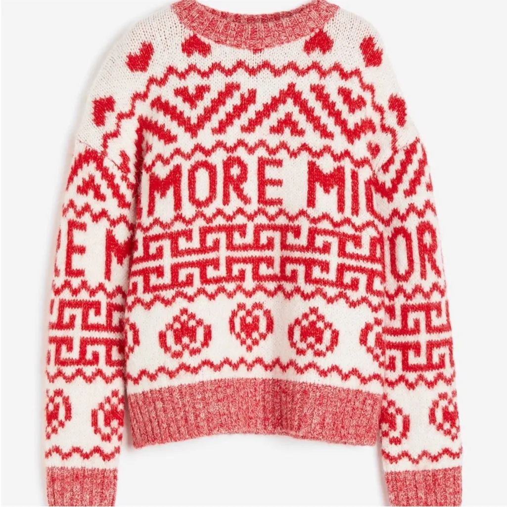 H&M Jacquard-knit Sweater Red White Amore Hearts Size XL Blogger FAVE - Image 3