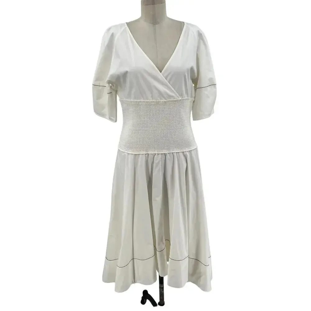 Proenza Schouler White‎ Label Smocked Poplin Midi-Dress White Size US 8 - Image 3