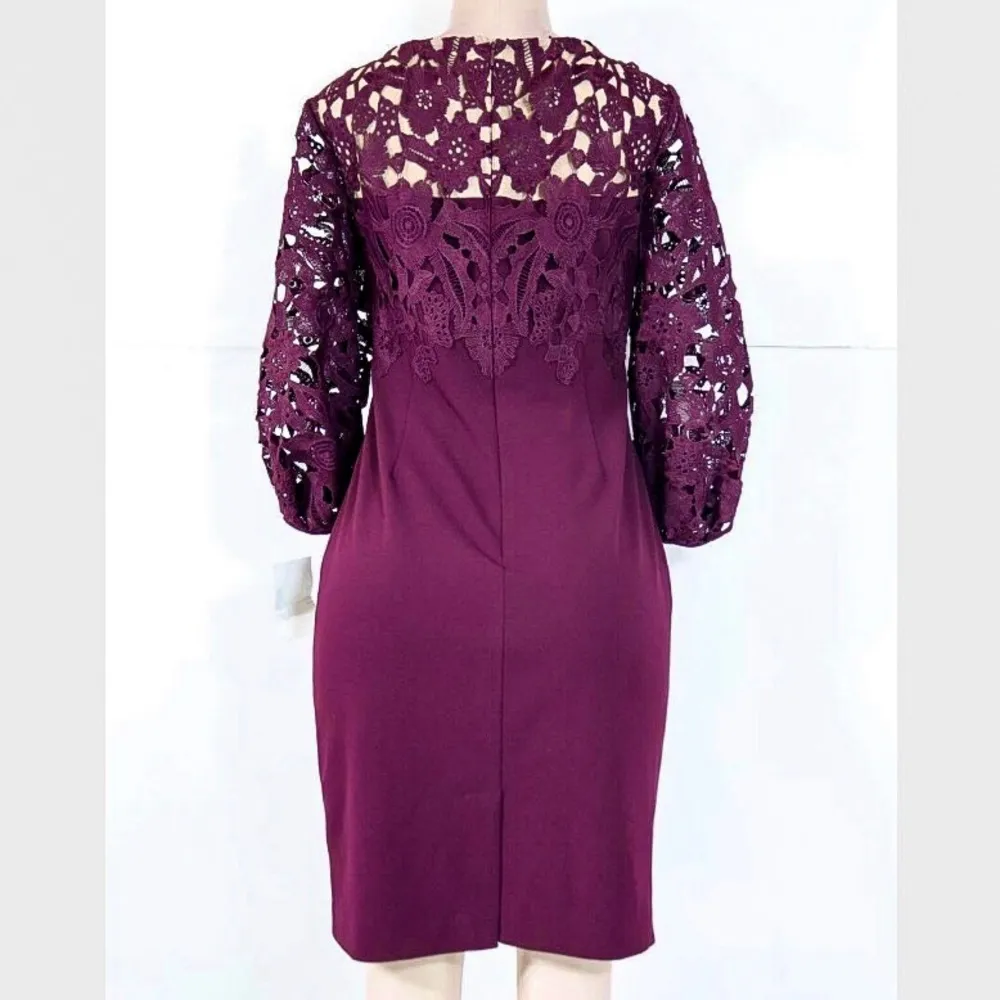RALPH LAUREN Plum Wine Puff Sleeve Lace Top Pencil Dress Hidden Zipper Sz 4 NWT - Image 2
