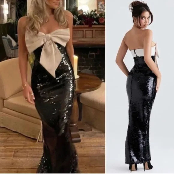 NWOT House of CB Holly Black Sequin Strapless Bow Maxi Dress sz XL - Image 3