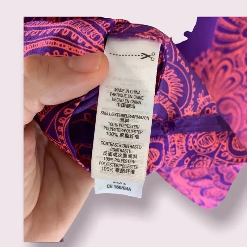 Juicy Couture Shift Dress 3/4 Sleeve Purple Satin Pink Paisley Design Size 2 - Image 12