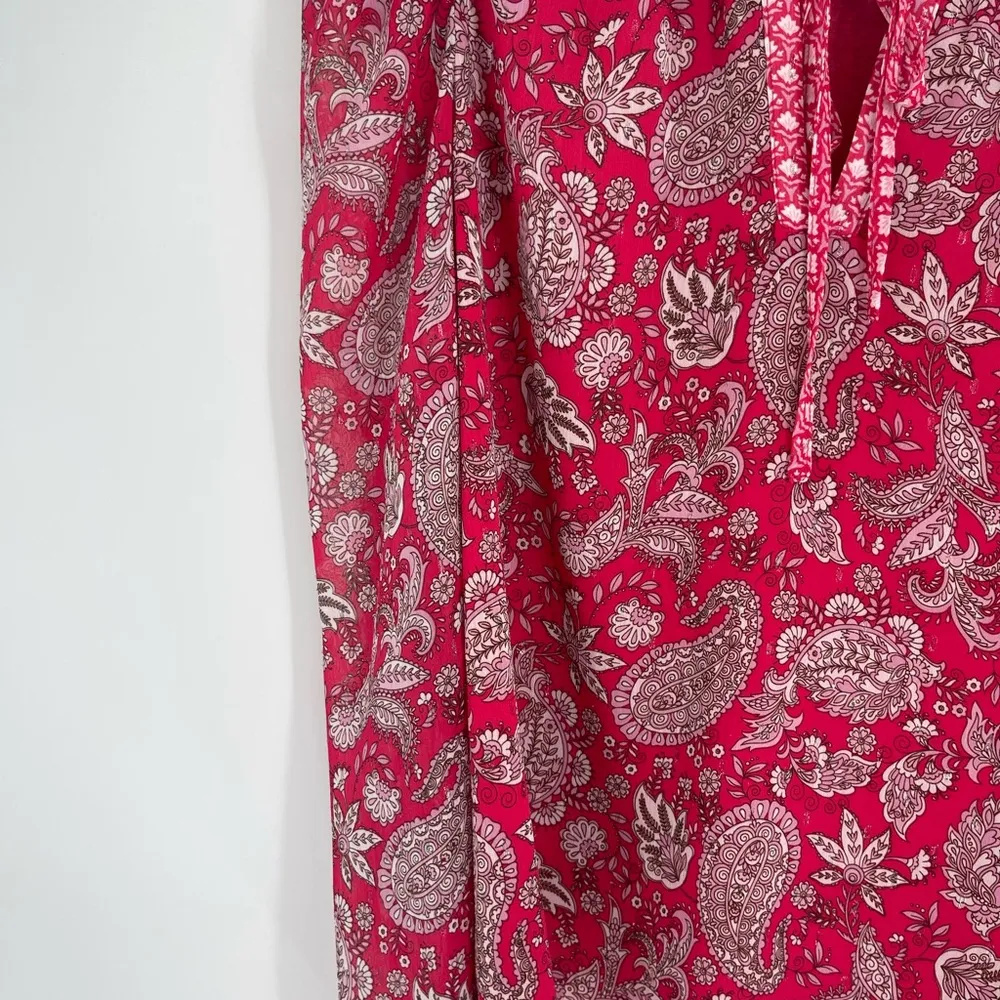 Cupcakes & Cashmere Blouse Paisley Top Red Puff Sleeve Tie Neck Blouse Sz Medium Pink - Image 4