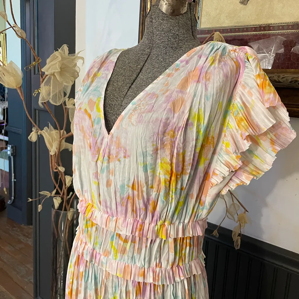 Current Air Anthropologie Sereia Shirred Pleated Watercolor Midi Dress Sz S 🧡🎀 - Image 7