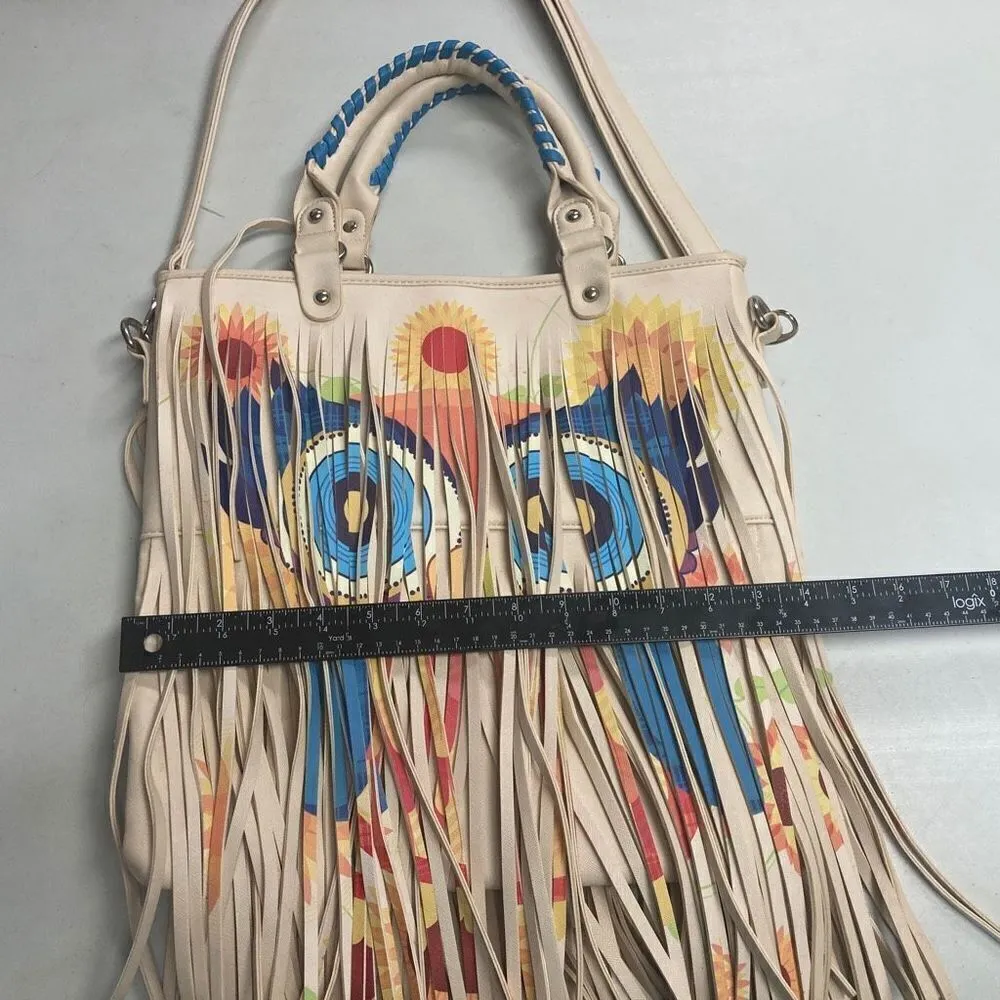 Retro Hippie Fringe With Psychedelic Owl Design‎ Crossbody Shoulder Tote ￼14X13 Blue - Image 10