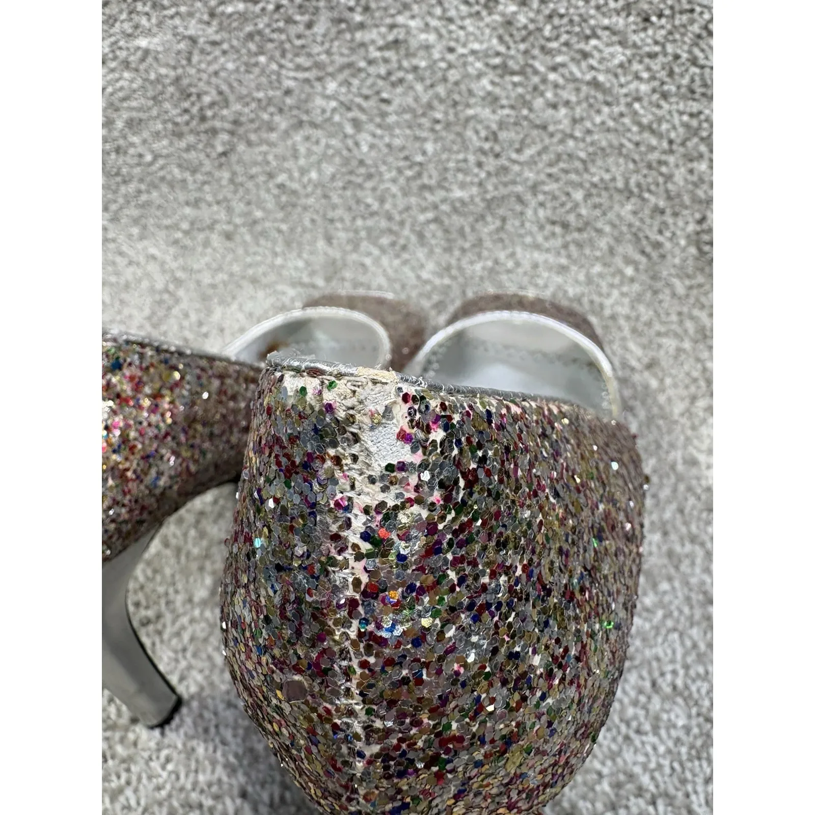 Women's 8M Silver Glitter High Heel Pumps Peep Toe Party Shoes Holiday NYE Size 8 - Image 4