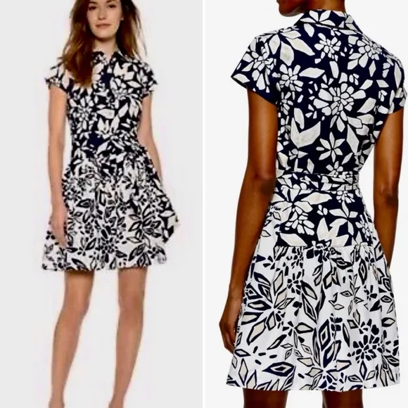 DIANE VON FURSTENBERG  Nautical Floral Navy/White Tie Waist Shirt Dress Womens 6 - Image 2