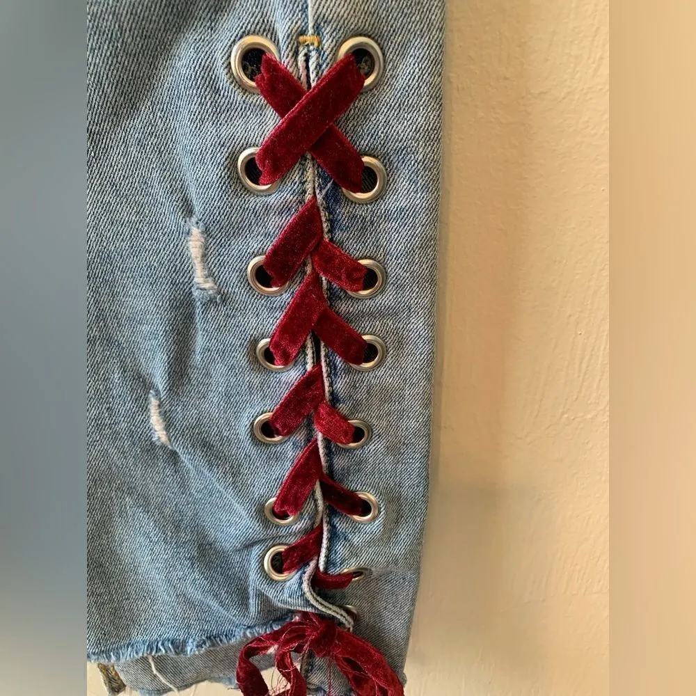 Anthropologie Pilcro Red Velvet-Laced Hem Mid-Rise Slim Straight Jeans size 28 - Image 8
