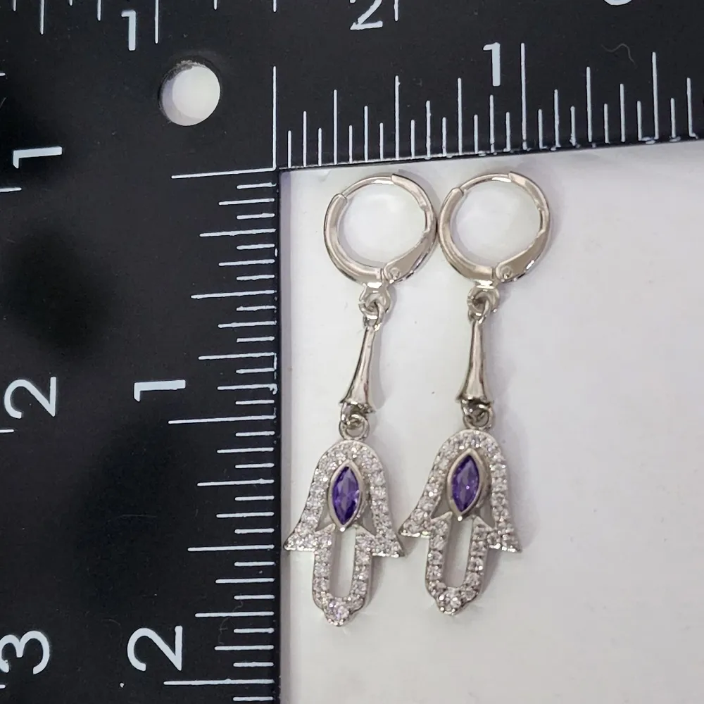 Silver Steel with Purple / Clear Zirconia Hamsa Hand Huggie Hoop Earrings - Image 6