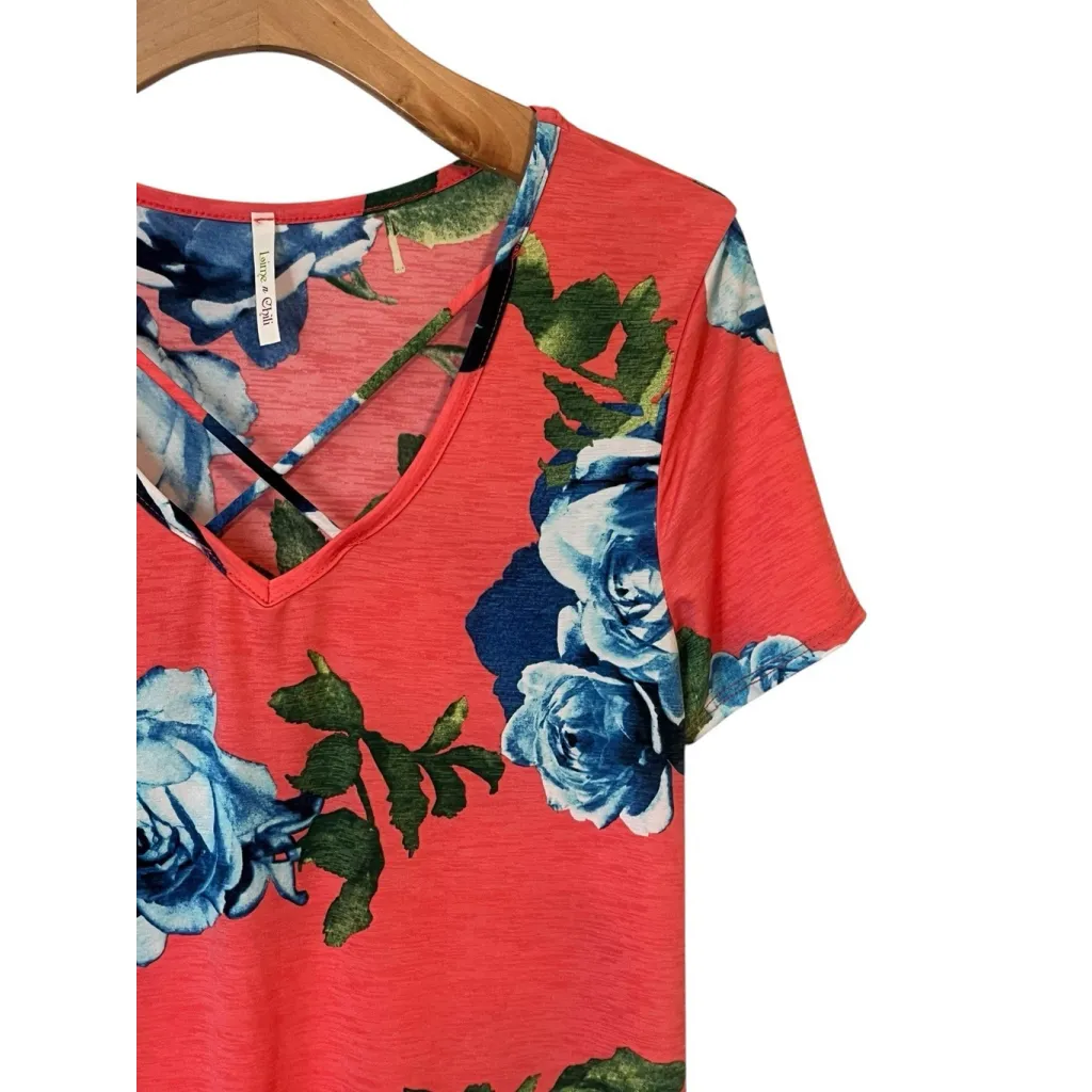 Lime & Chili Blouse Womens Medium Salmon Floral Print V Neck Short Sleeve Top Blue - Image 3