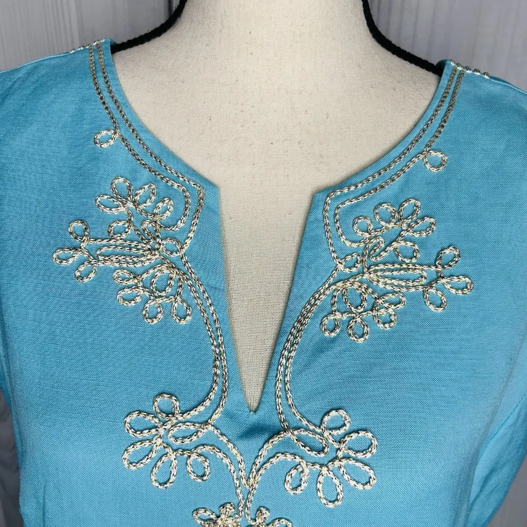 Jade Melody Tam Sleeveless Embroidered Dress Turquoise Gold Sz L V - Image 4