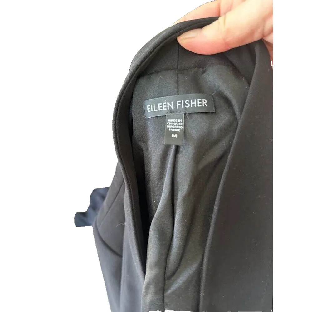 Eileen Fisher Size M Leather Trim Tropical Suiting Eco Poly Jacket Blazer Black - Image 10