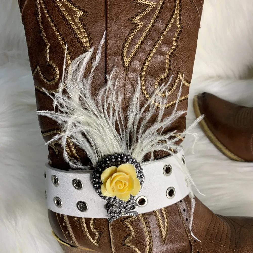 Handmade Womens White Leather Beaded Feather Removable Boot Band One Size Boot - Image 3
