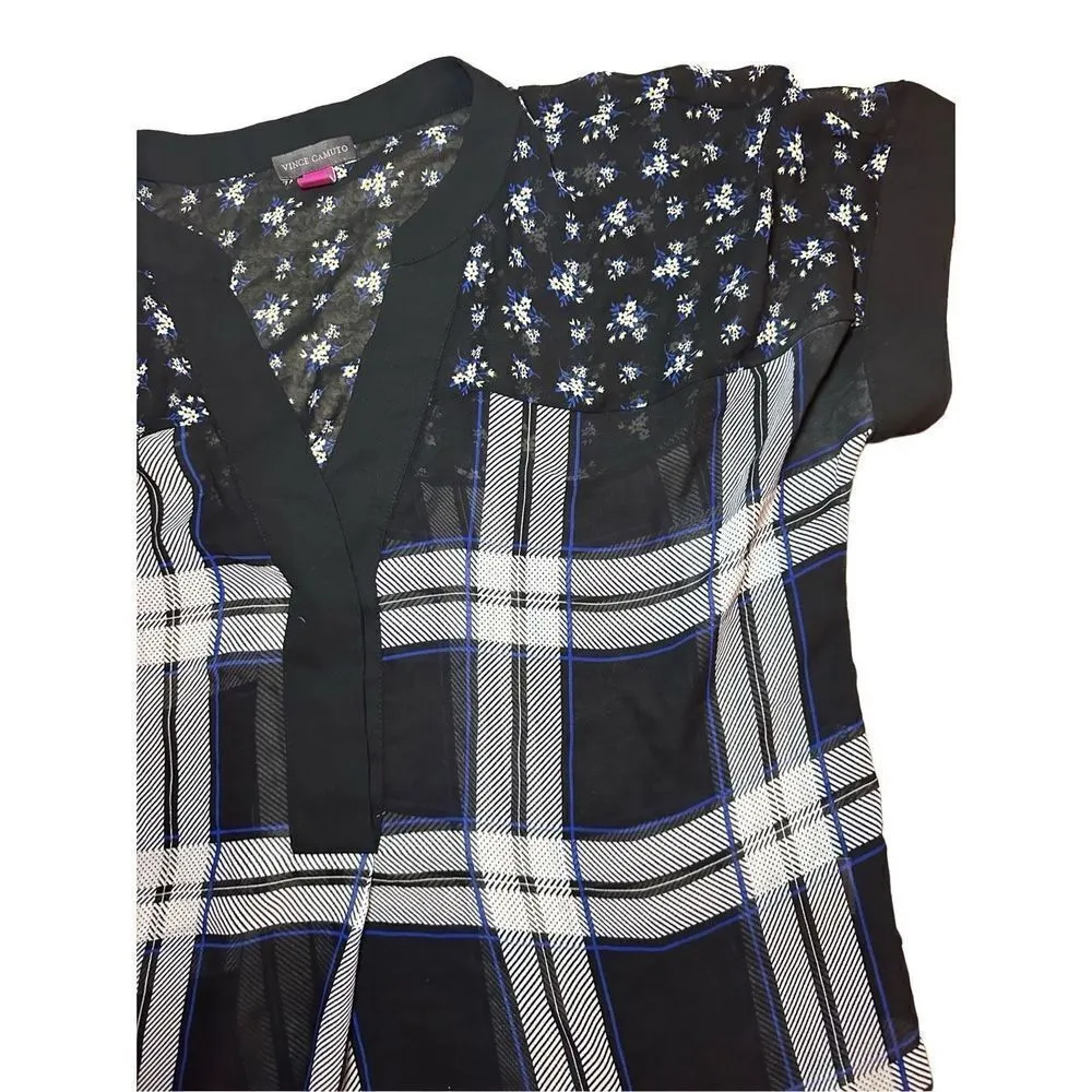 Vince Camuto Highlands Windowpane Plaid Dolman Sleeve V-Neck Top Sz M - Image 5