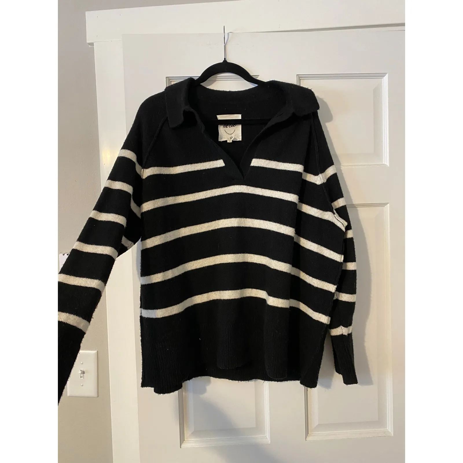 Aerie Unreal Relaxed Polo Striped Black Oversized Sweater Medium Preppy Cozy - Image 3
