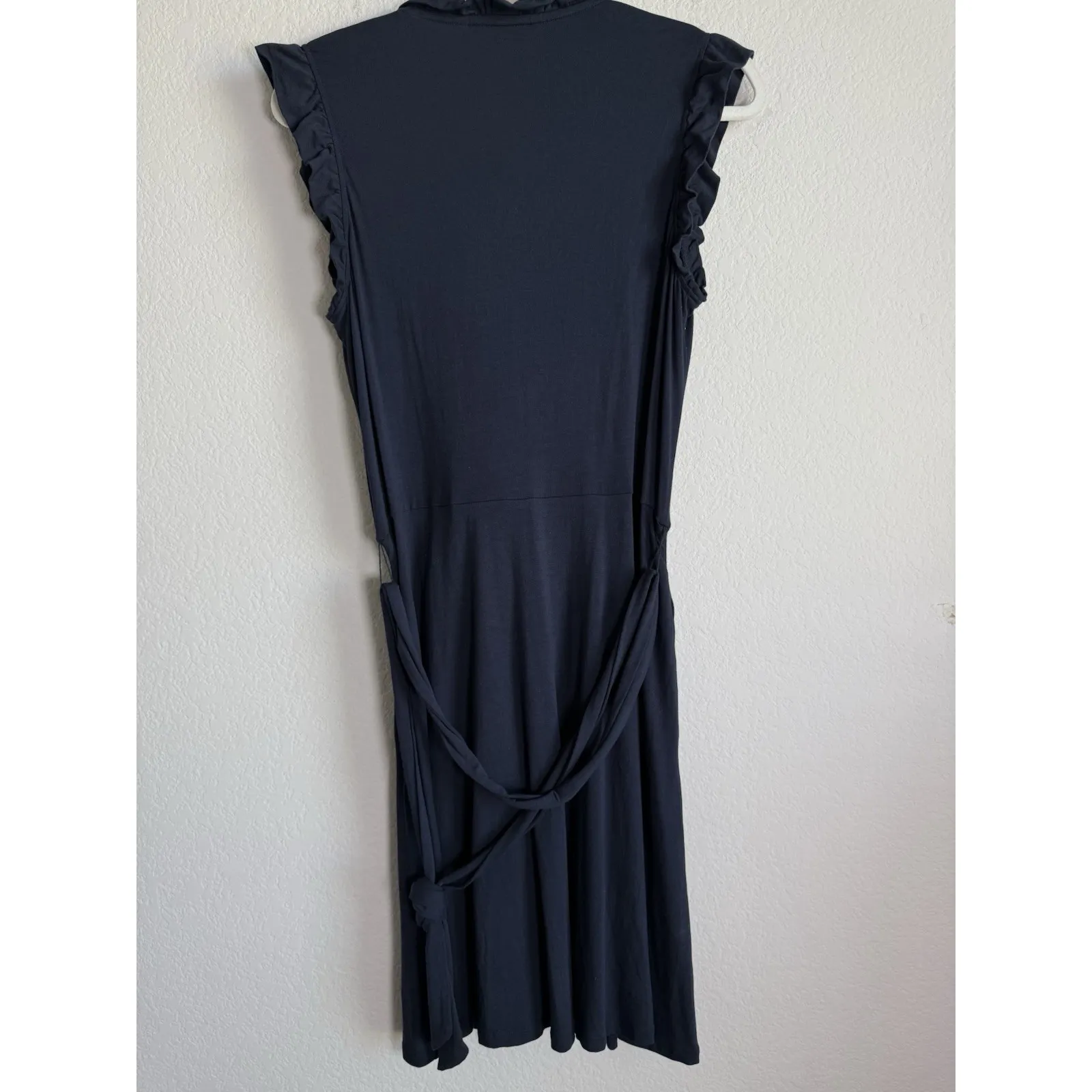 Boden Women's Sheath Ruffle Fixed Wrap Jersey Dress Navy Size 12 Casual Pockets Blue - Image 11