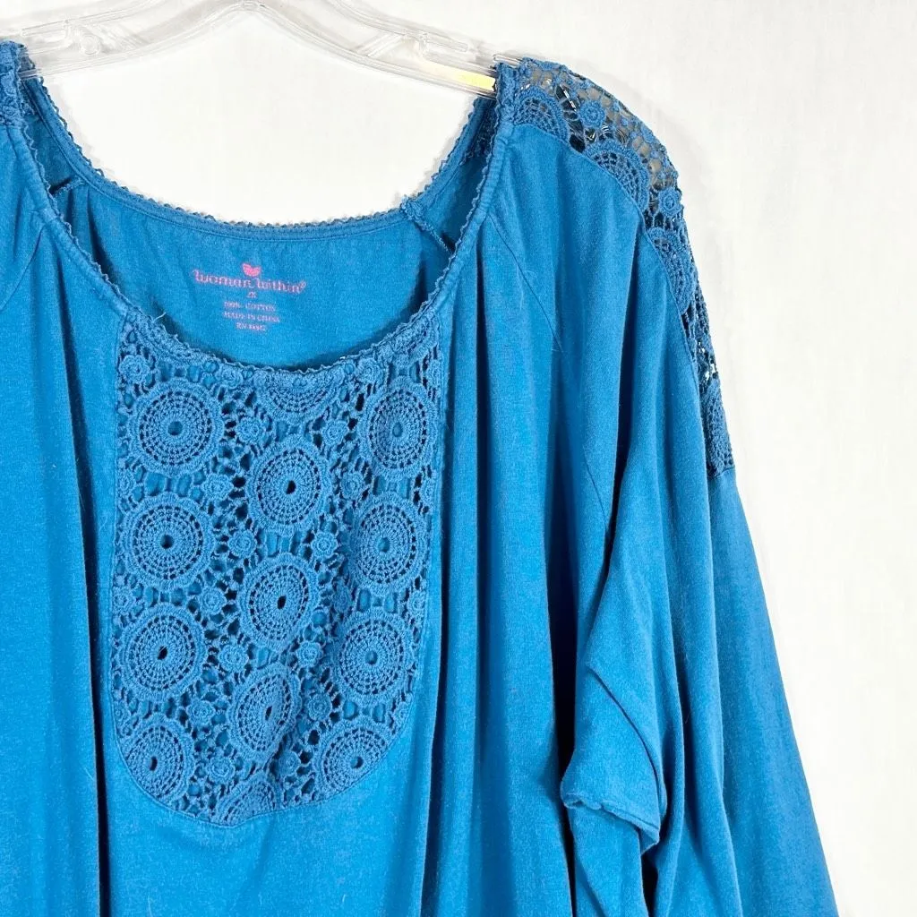 Woman Within Plus Size 2X 26W 28W Top Blue Lace Cotton Knit Crochet‎ 1201 - Image 4