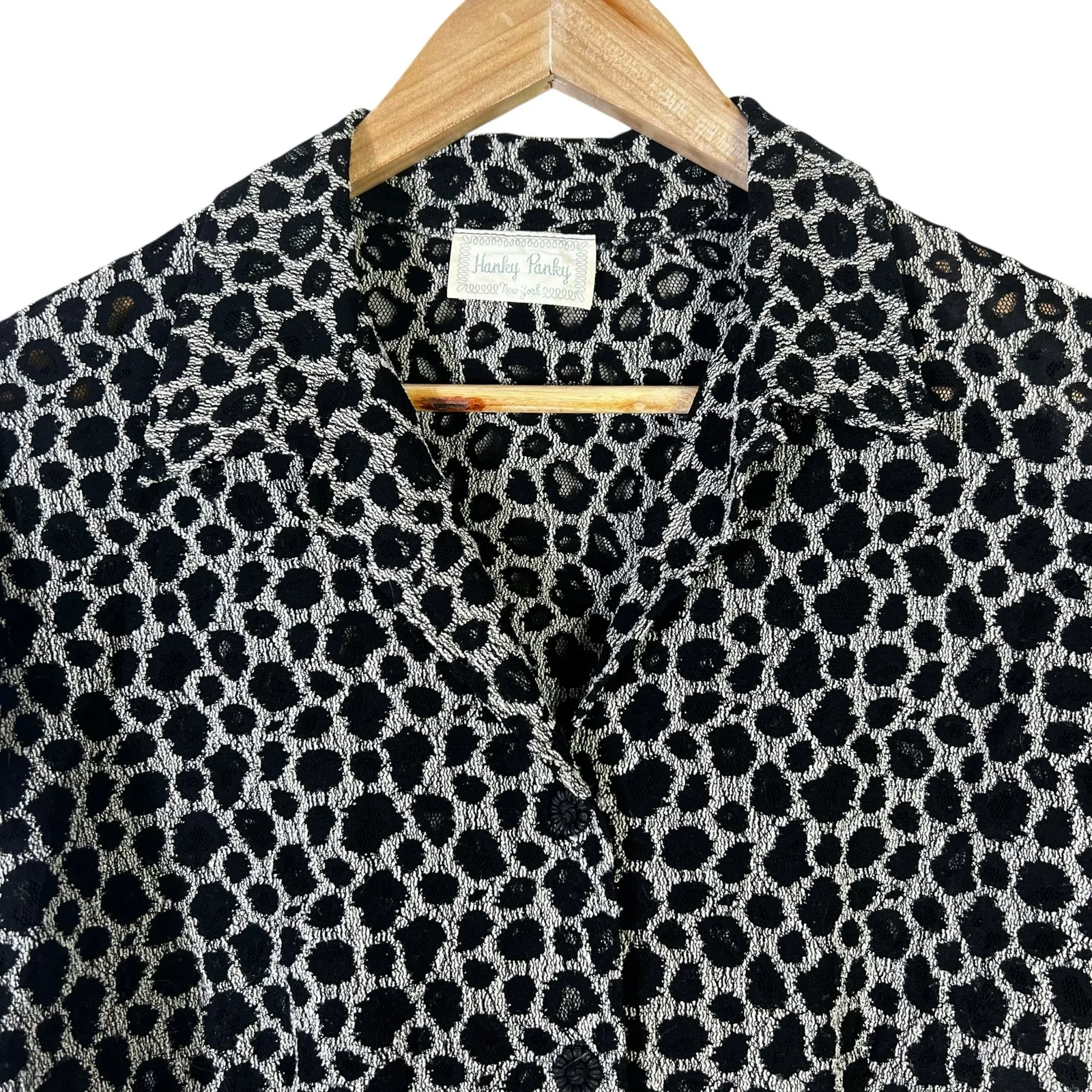 Vintage Hanky Panky Textured Burnout Button Down Top Womens M Black Lace Retro - Image 3