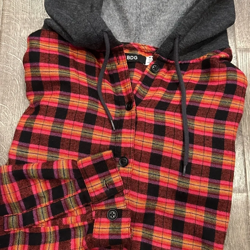 BDG Urban Outfitters Womens Pink Plaid Hooded Soft Flannel Casual Shirt Small - Image 9