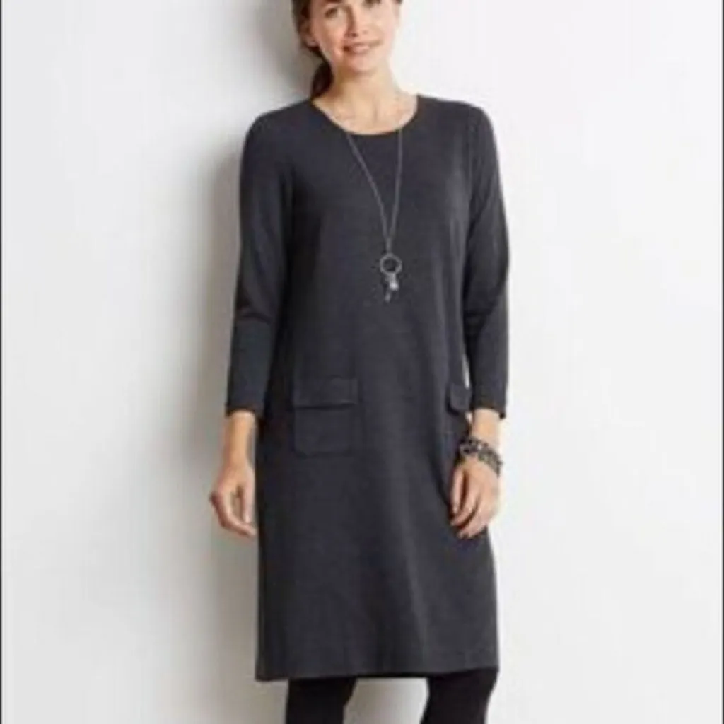 J. Jill Ponte Sz XS Charcoal Gray Knit Shift Midi Dress Front Patch Pockets Back - Image 9