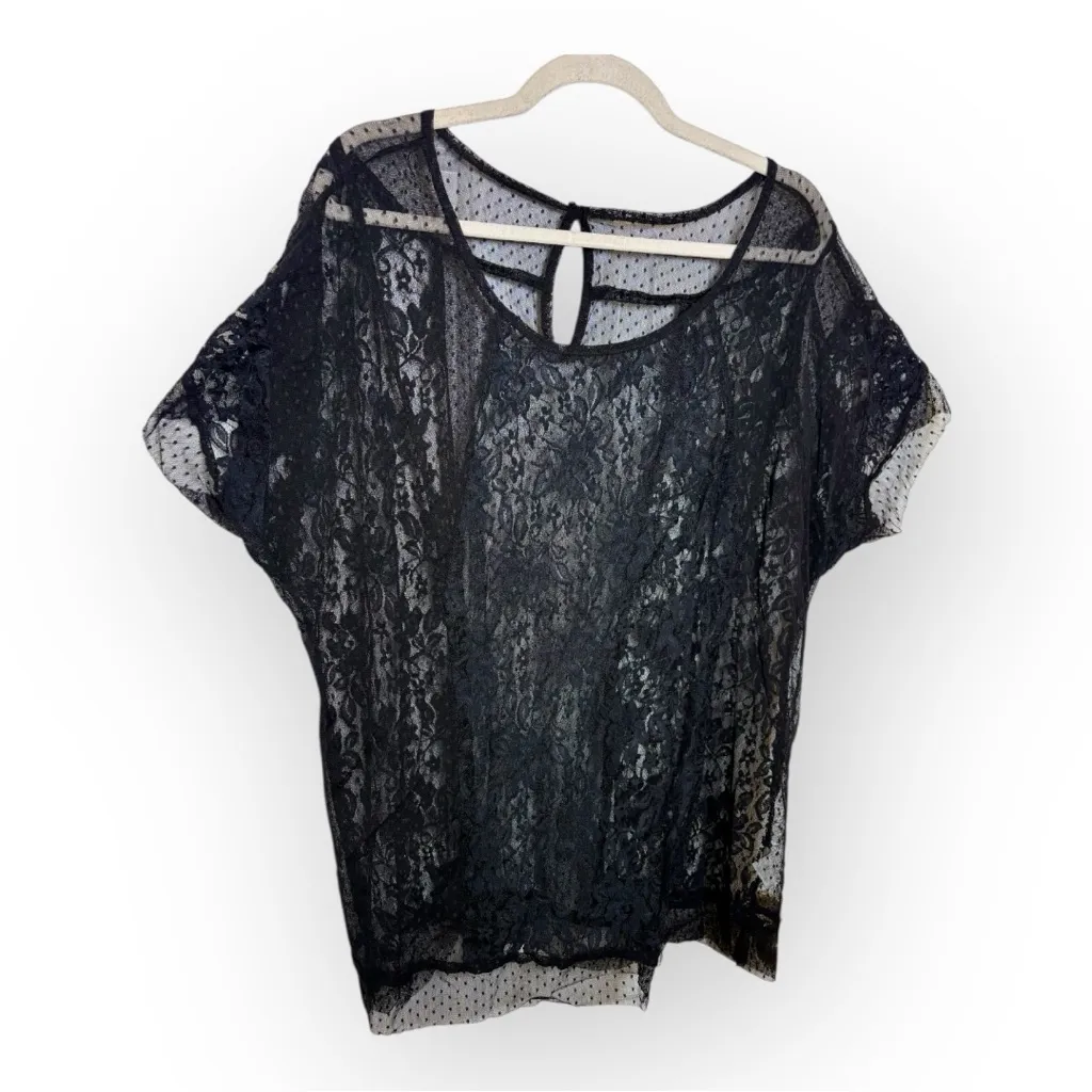 Black Sheer Lace Floral Overlay Top Gothic Romantic Plus Size 1X - Image 2