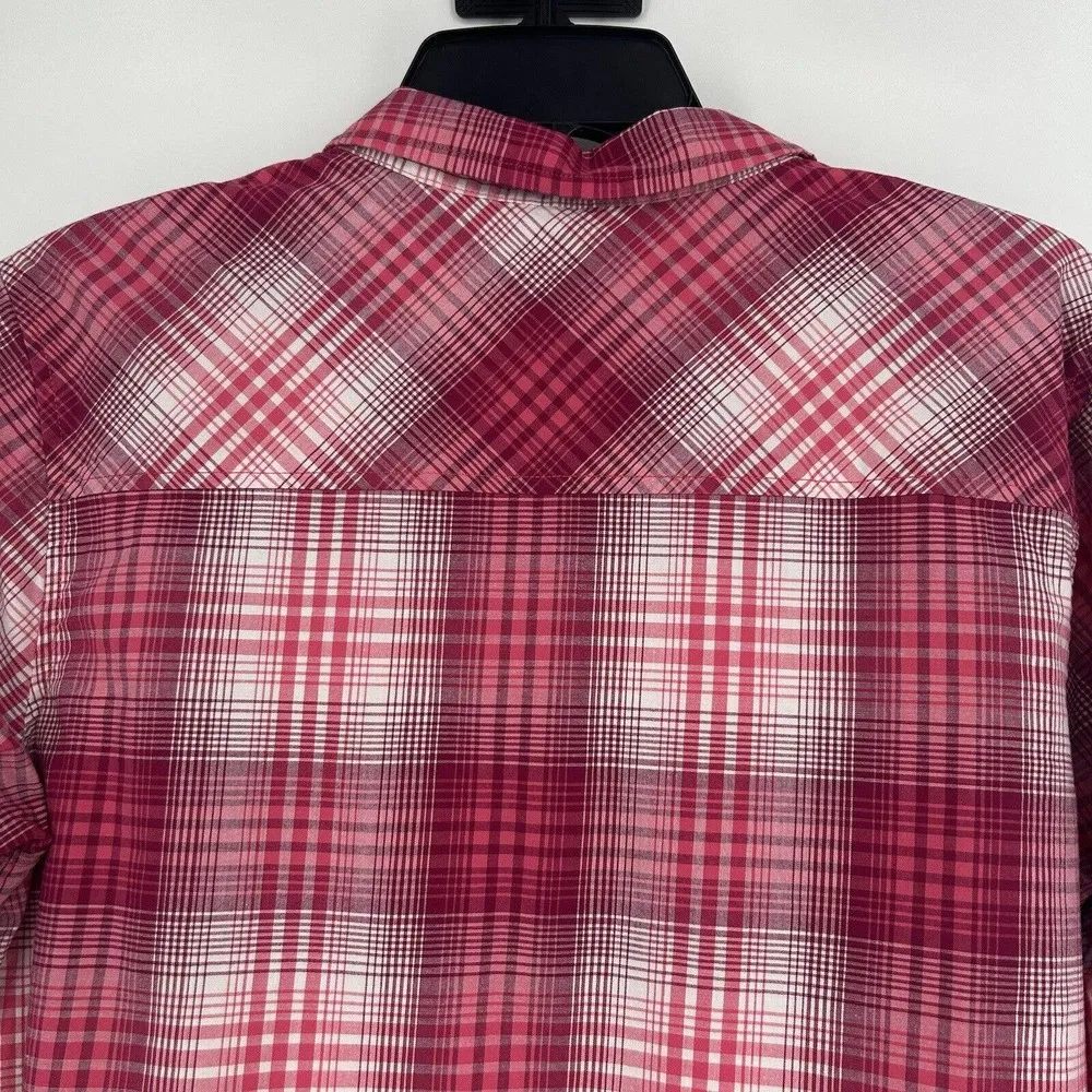 Cabelas Pink Plaid Button Up Shirt Long Sleeve Pockets Stretch Collared Size M - Image 5