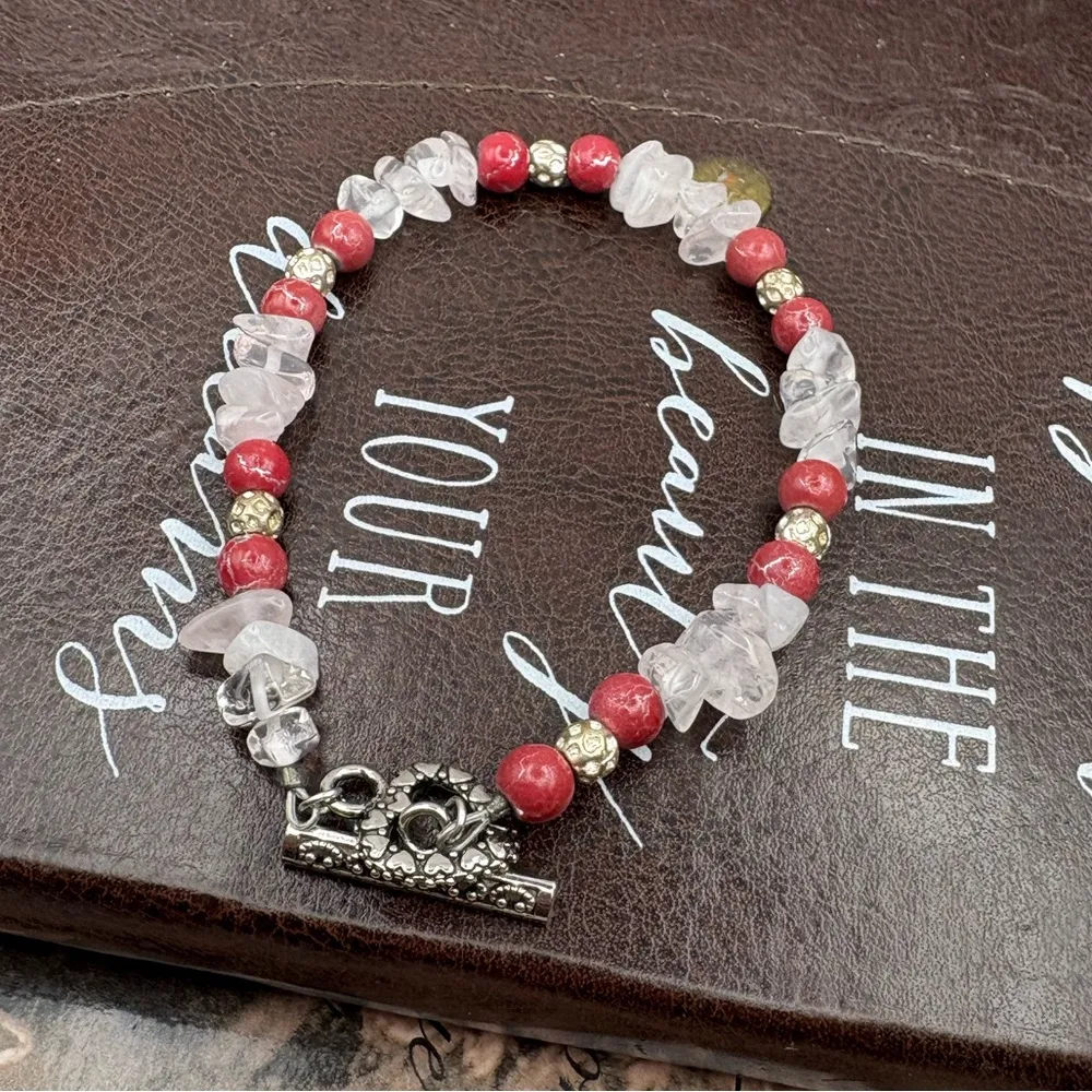 Vintage Rose Quartz Beaded Colorful Bracelet With Heart Clasp Y2K Pink - Image 5
