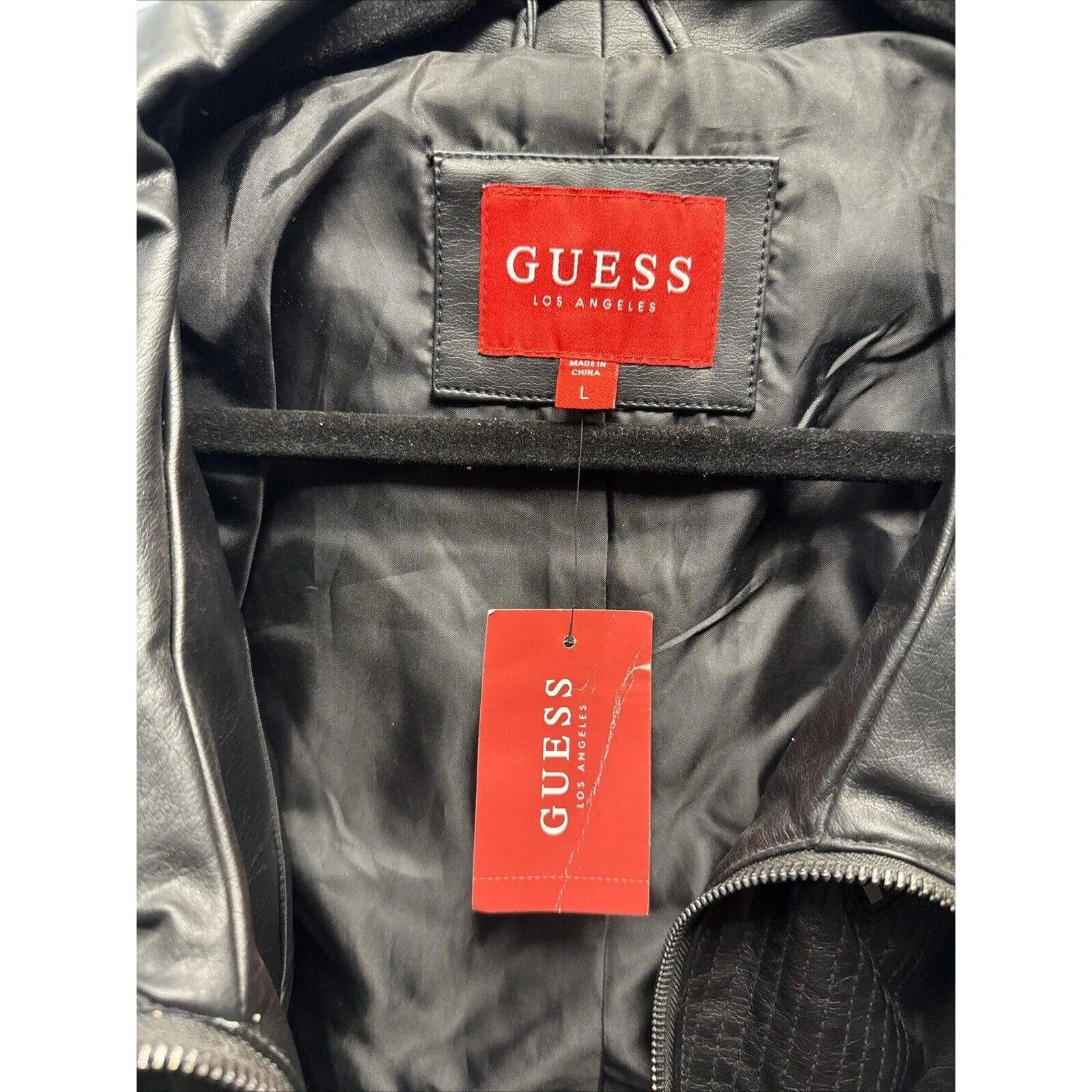 NEW Guess Women's Size Large Biker Jacket Black Faux Leather Zip Long Sleeve - Image 11