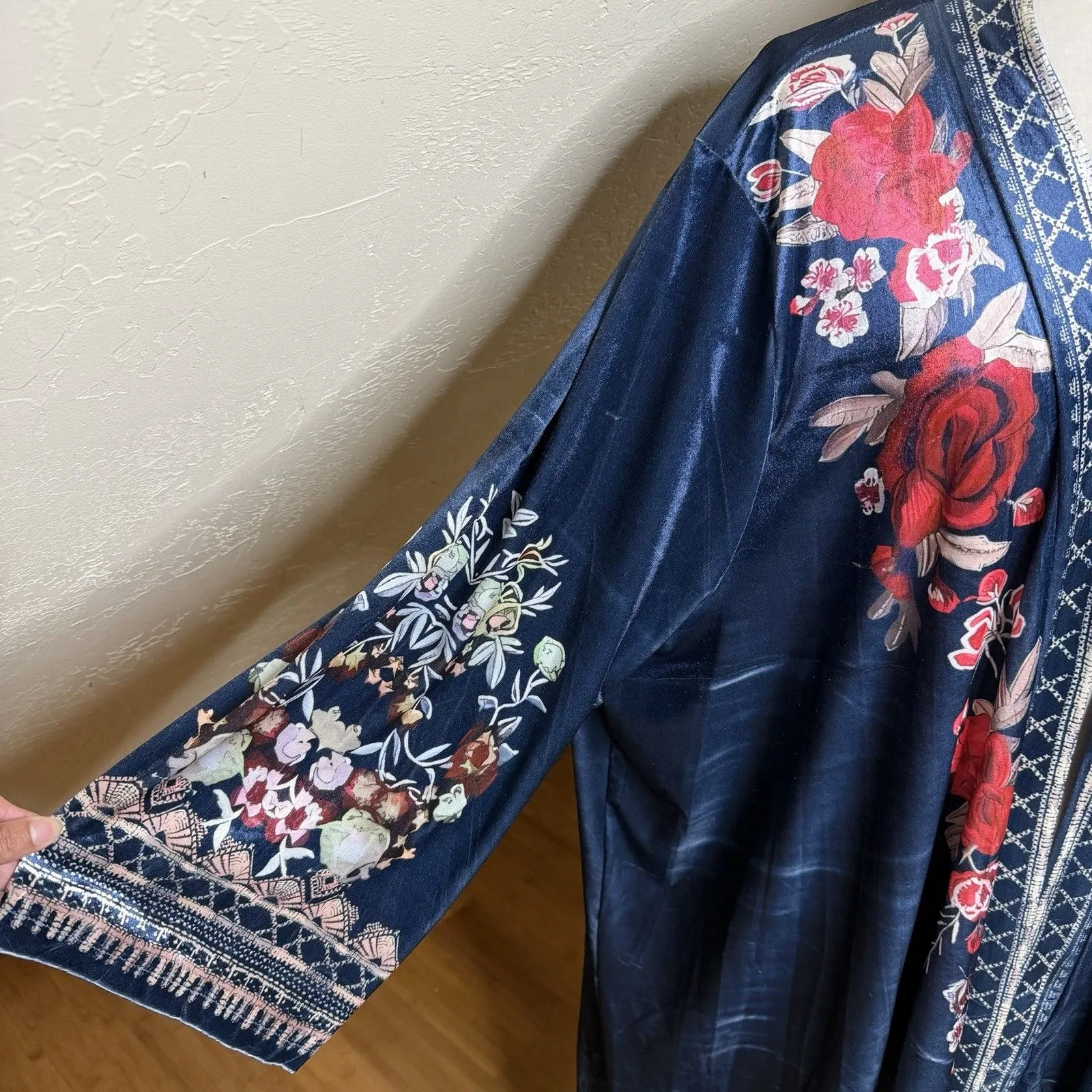 Ursime Floral Velour Blue Kimono Womens 3XL Open Topper Velvet Boho Whimsical Size 3X - Image 4