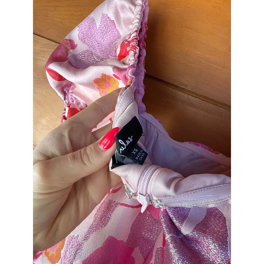 NWOT Lulus So Stunning Orange Multi Floral Jacquard Puff Sleeve Mini Dress Sz XS - Image 5