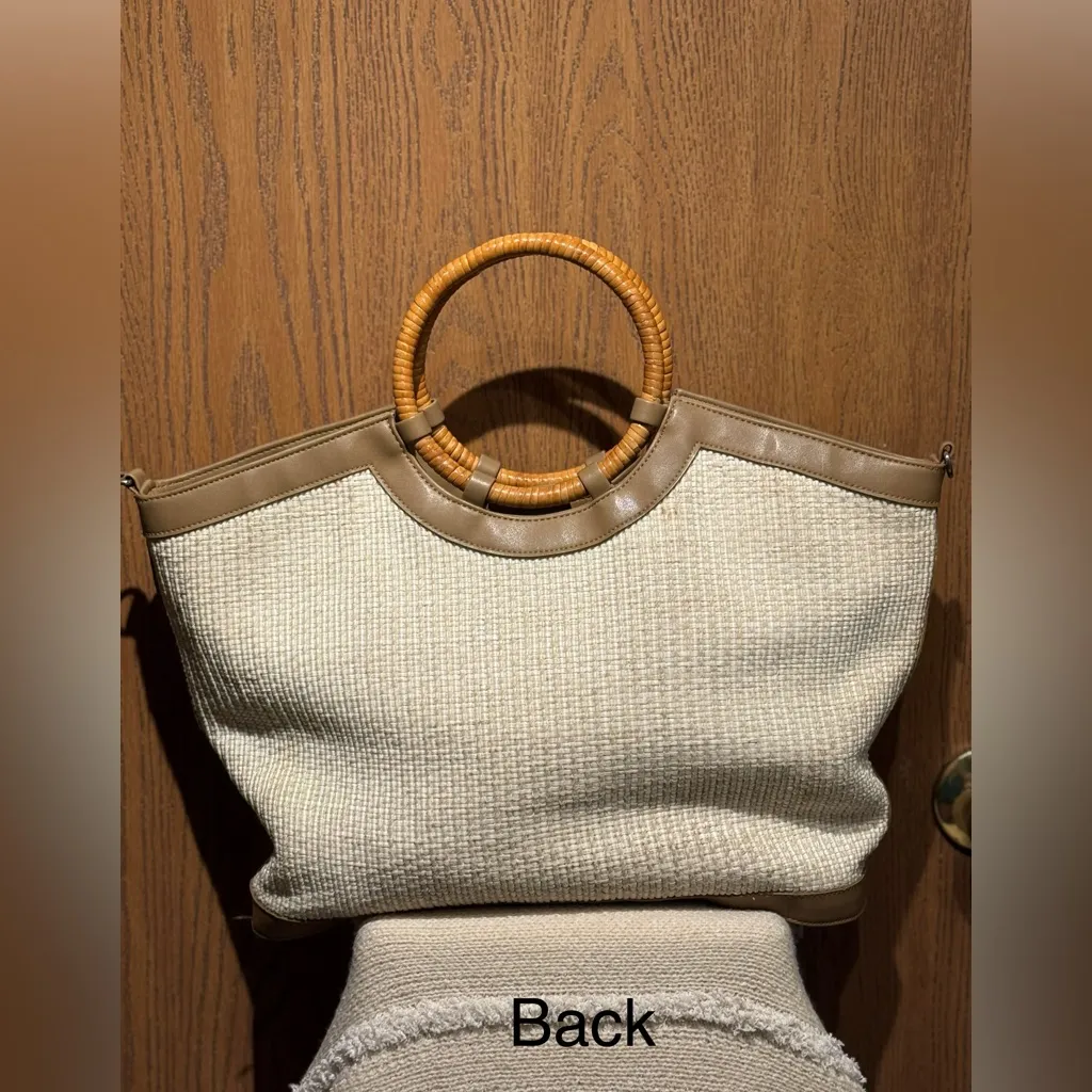 Fossil Straw Woven Purse Tote Handbag w/Circular Bamboo Handles Tan Leather Trim - Image 2