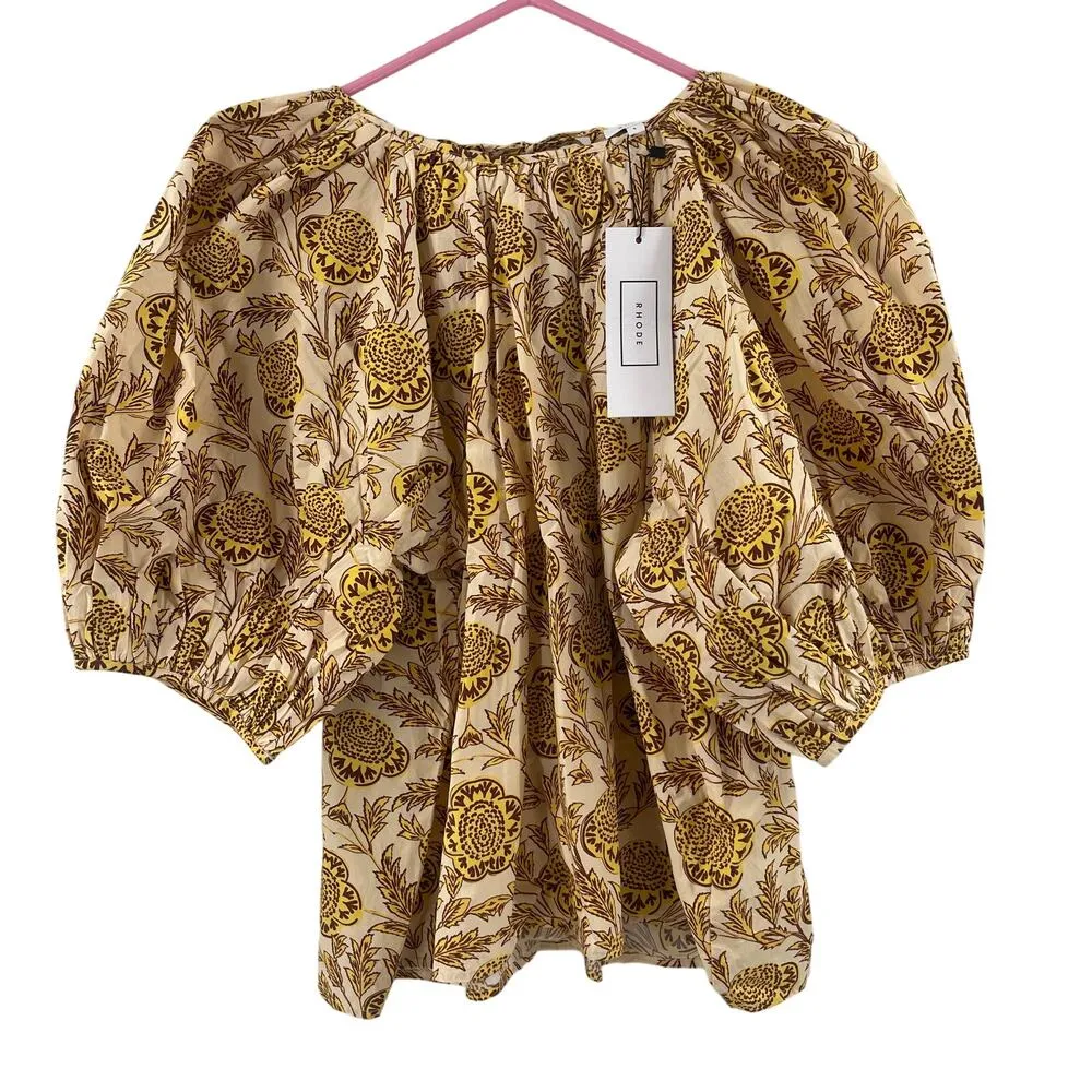 RHODE Rowan Top Size Large Garden of Dream Golden Floral Blouse Cotton NWT Yellow - Image 2