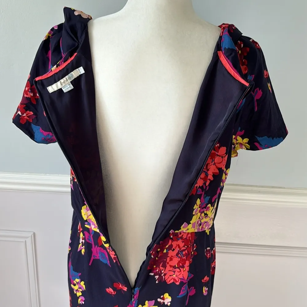 Boden Floral Sheath Silk Roll Collar Dress Navy Size 12 Formal Business Casual Blue - Image 8