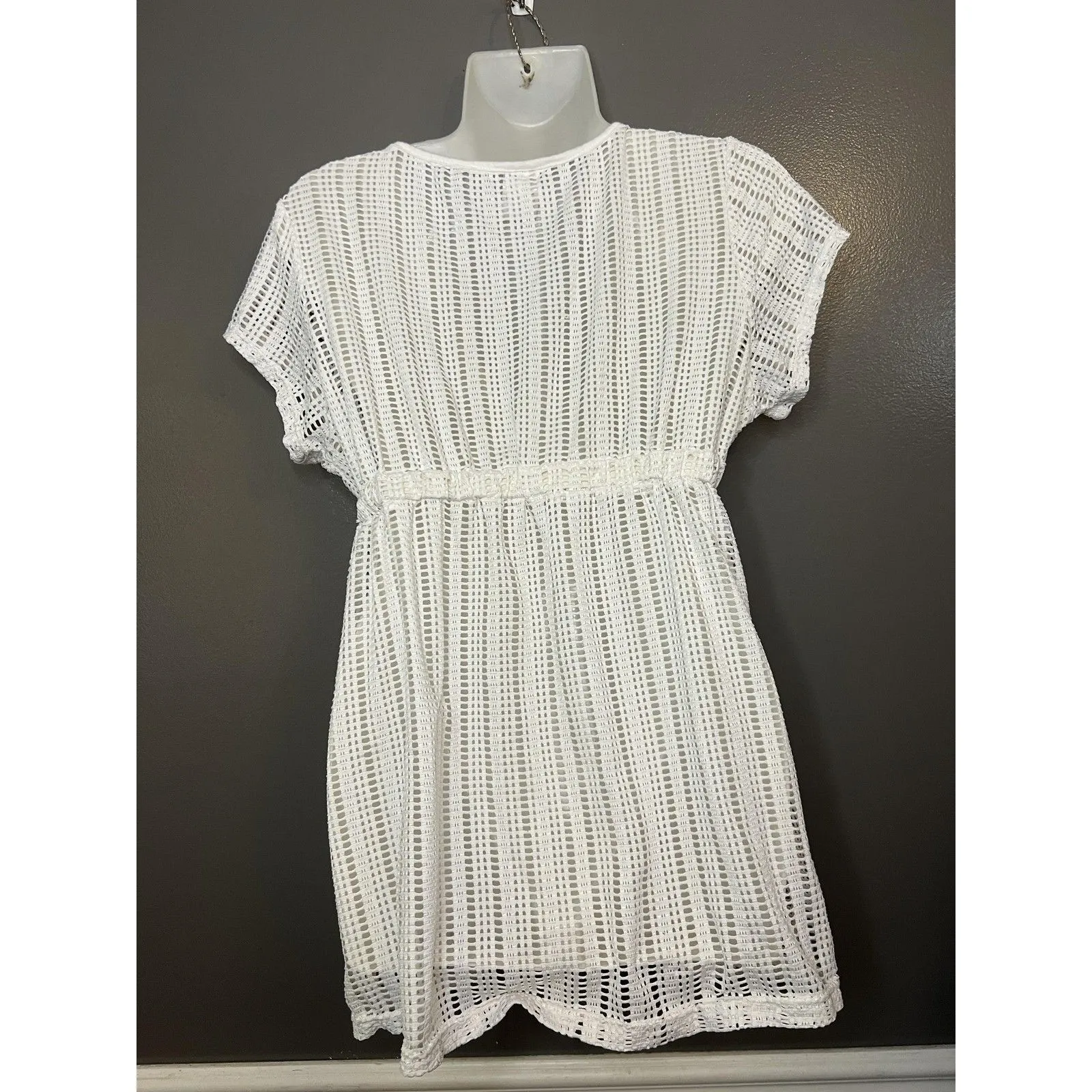 White Swimsuit Cover Up Dress Womens Large Crochet Mesh V Neck Beach Tunic - Image 5