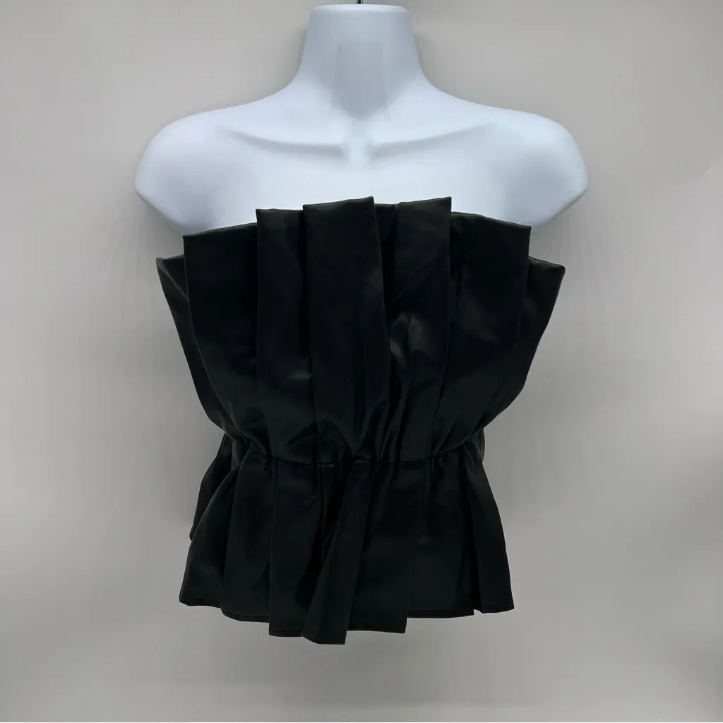 Do+Be Black Strapless Pleated Vegan Leather Strapless Top-Size S NWT - Image 2