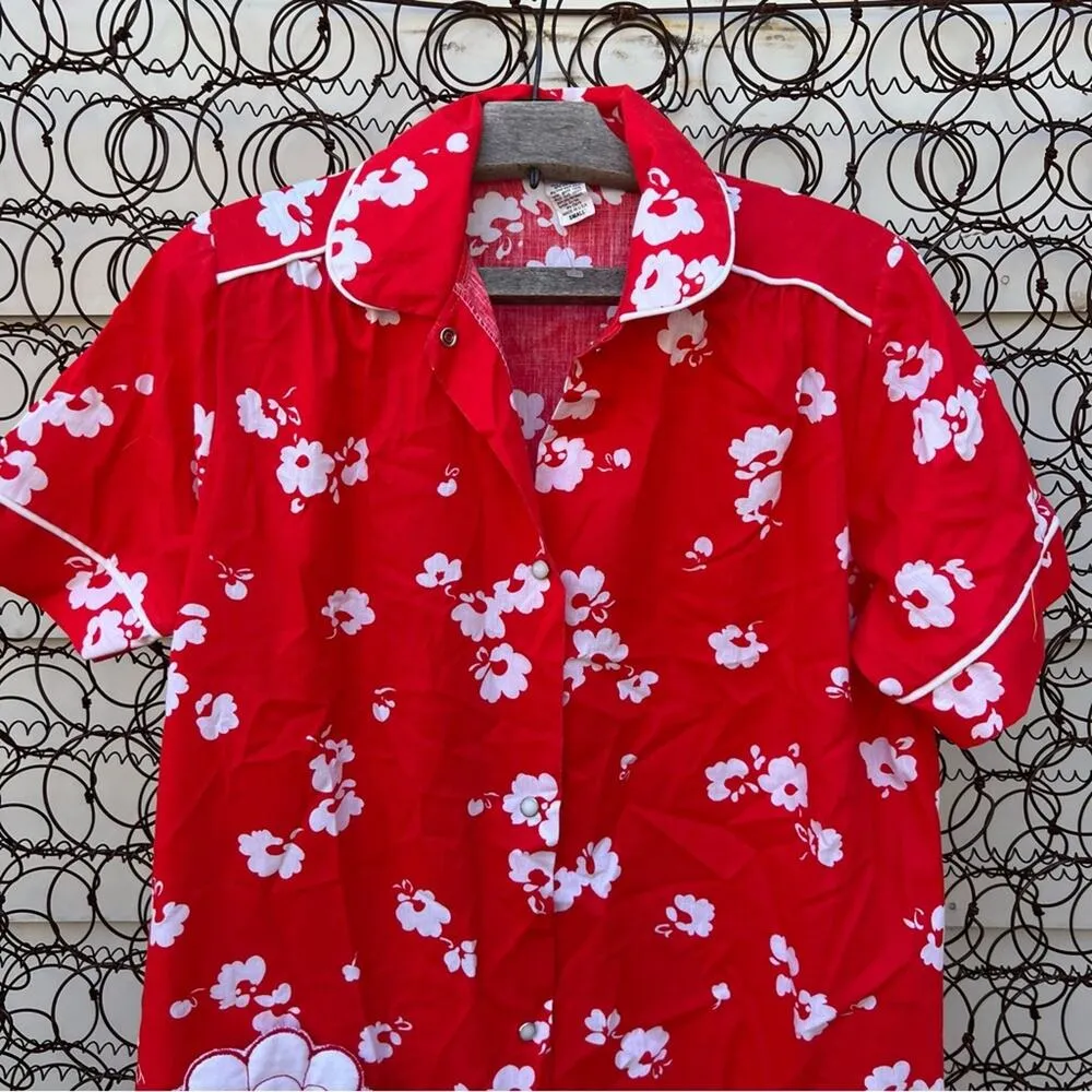 Vintage Red White Cherry Blossom Seashell Pocket Night Dressing Gown Robe SMALL - Image 5