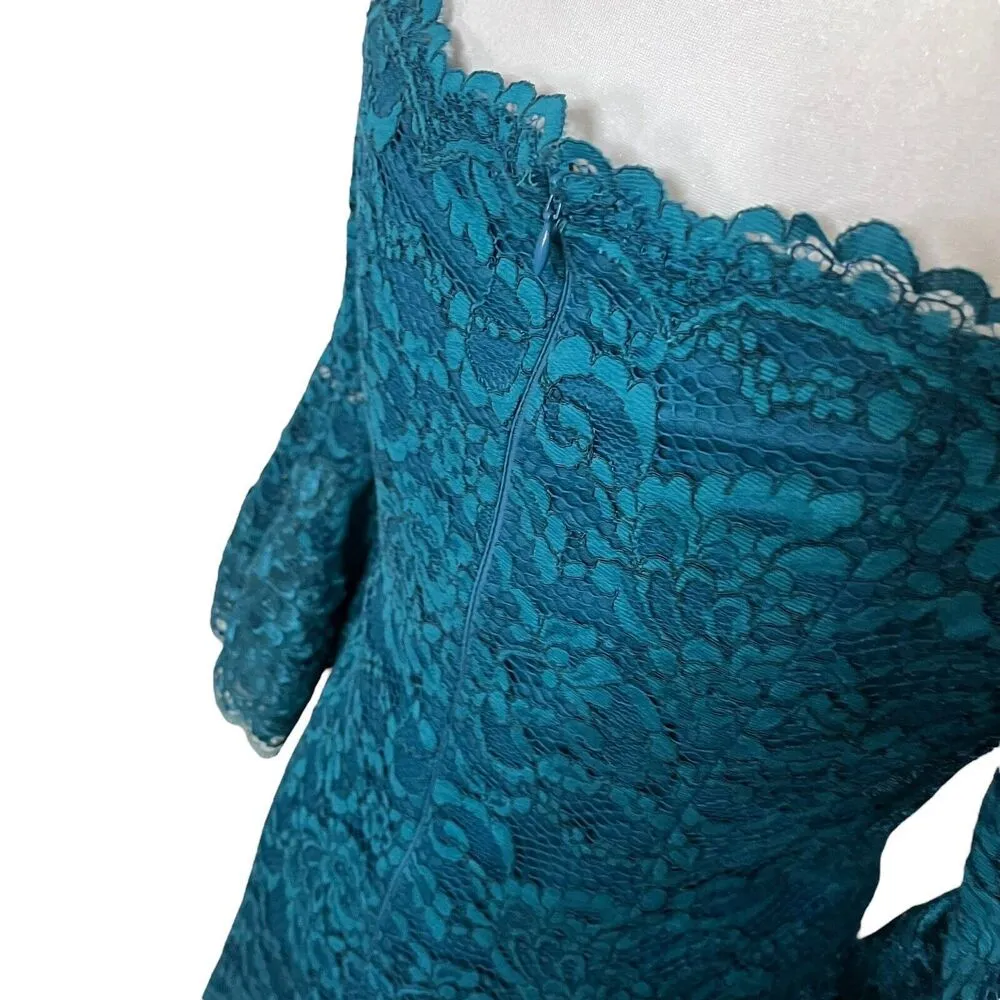 Teri Jon by Rickie Freeman Bell Sleeve Off The Shoulder Lace Dress Teal Size 4 Blue - Image 7