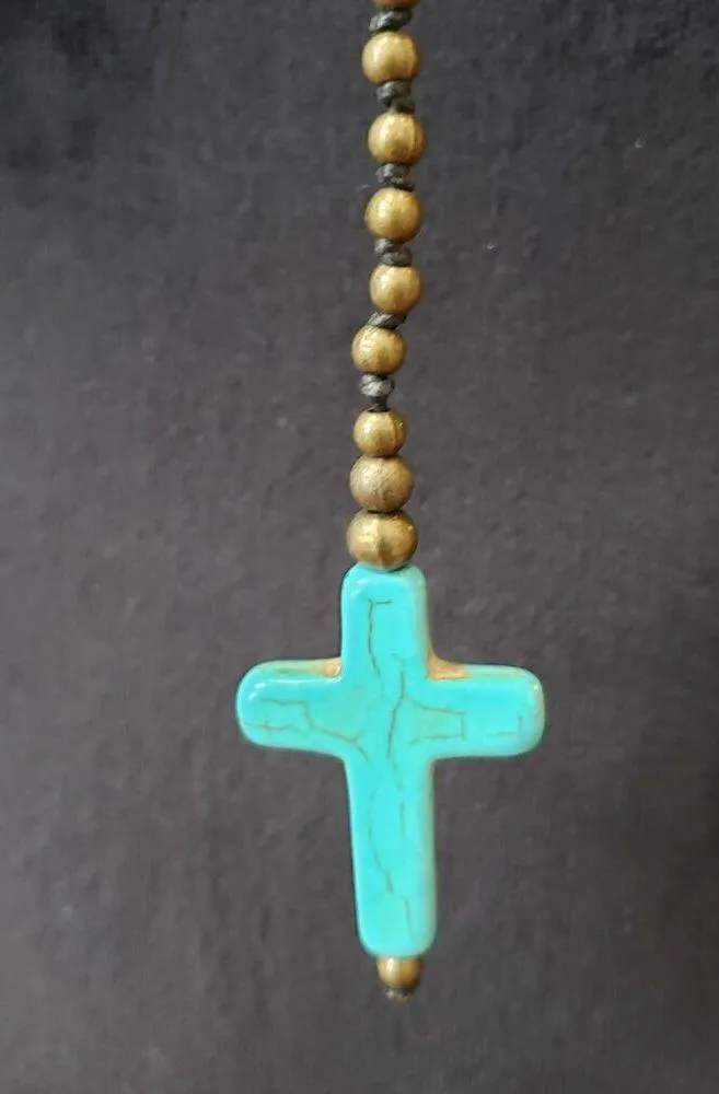 Womens Fashion Brass Beads Chain Turquoise Stone Cross Tassel Necklace Jewelry Blue - Image 2