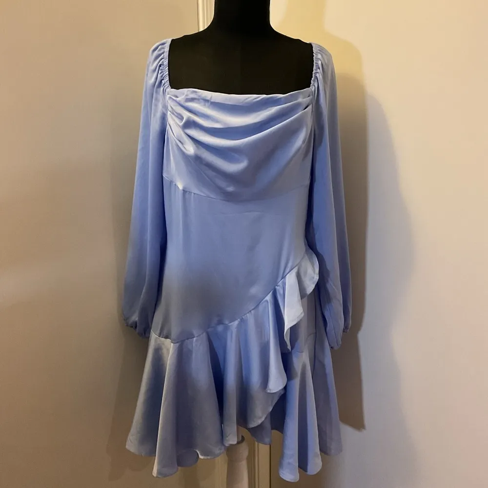 6. SHEIN Baby Blue Asymmetrical Balloon Sleeve Short Dress With Ruffle Trim SZ L - Image 2