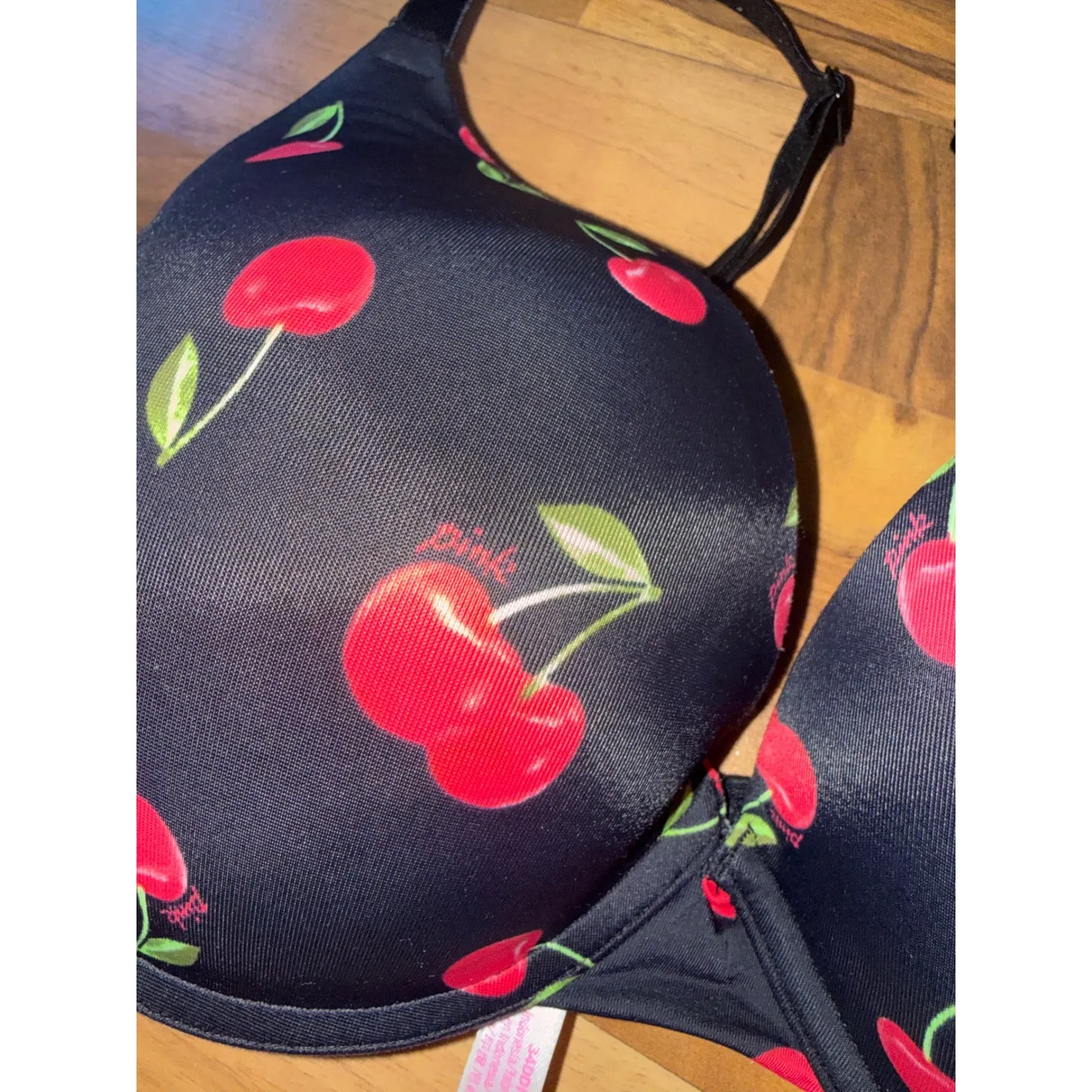 Victoria's Secret PINK Black Cherry Print Push Up Bra Strappy Back Size 34DD - Image 2