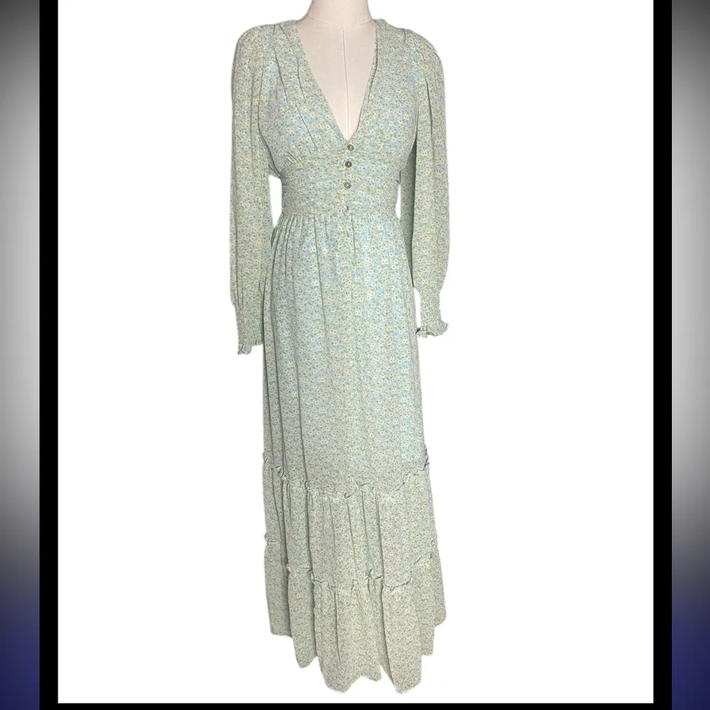ACOA Cottage Prairie light green Floral Smocked Maxi Dress XS - Image 5